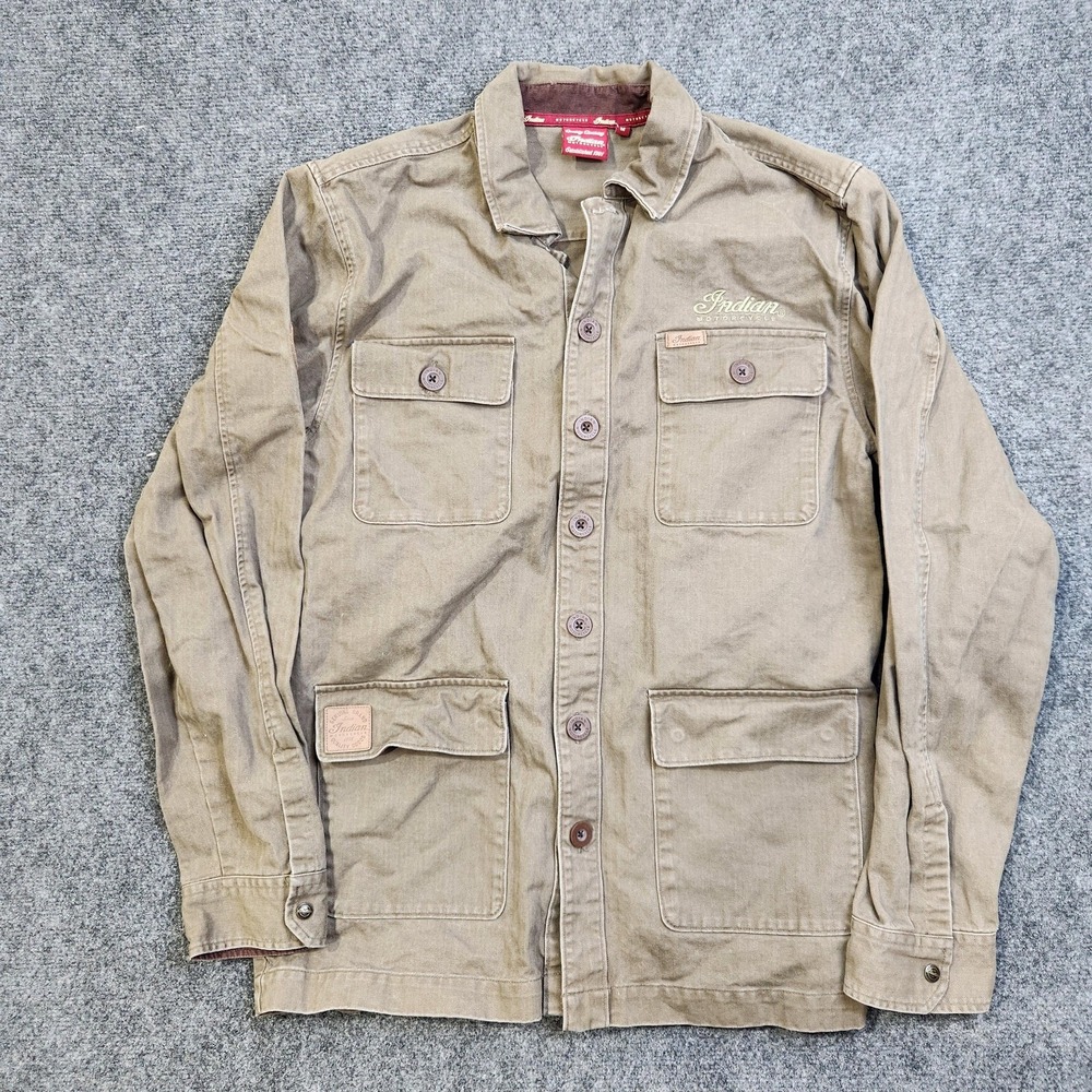 Indian Motorcycle Shirt Jacket Mens Medium Beige Twill Button Up Casual